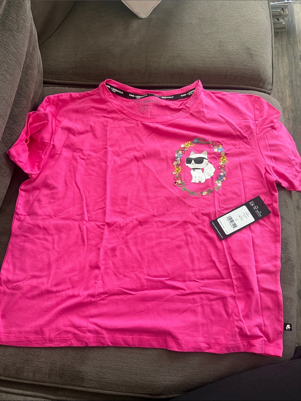 Women’s Karl Laggerfeld Hot Pink Graphic Tee with Choupette logo